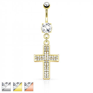 Piercing nombril avec croix pave de stasses clairs