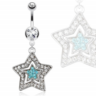 Piercing nombril avec duo d'étoiles embriquées pavées de pierres