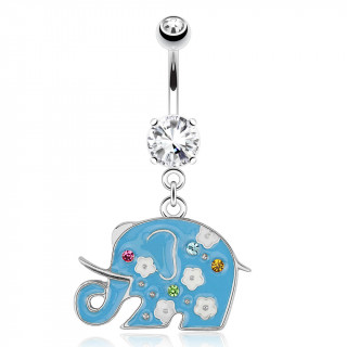 Piercing nombril avec éléphant bleu décoré de fleurs