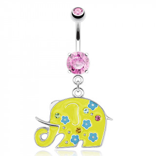 Piercing nombril avec éléphant jaune décoré de fleurs bleues