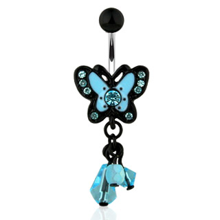 Piercing nombril avec papillon bleu et noir  perles translucides