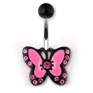 Piercing nombril avec papillon rose et noir  strass