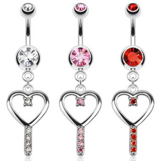 Piercing nombril avec pendentif cl de coeur sertie