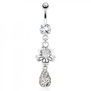 Piercing nombril avec pendentif double  fleur et goutte