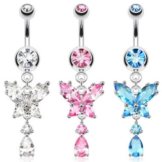 Piercing nombril avec pendentif papillon de pierres