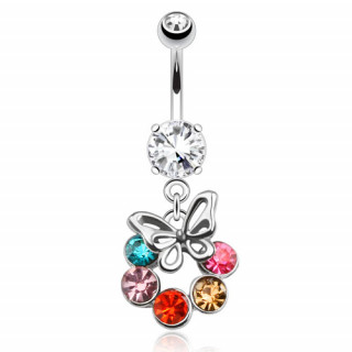 Piercing nombril avec quintet de couleurs et papillon