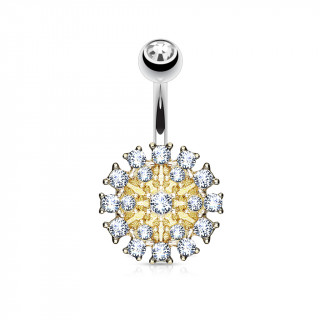 Piercing nombril bouclier solaire dor serti de strass