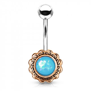 Piercing nombril bouton de fleur cuivr  opale bleue