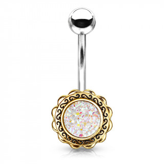 Piercing nombril bouton de fleur dor  druse blanche