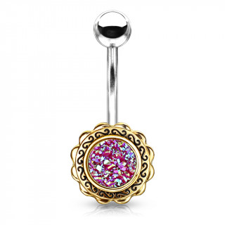 Piercing nombril bouton de fleur dor  druse rose