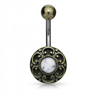 Piercing nombril bouton vintage  coeurs et Howlite blanche