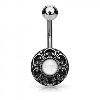 Piercing nombril bouton vintage  coeurs et Opale blanche