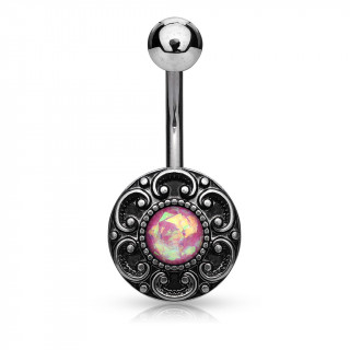 Piercing nombril bouton vintage  coeurs et Opale rose