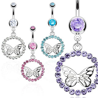 Piercing nombril cercle de pierres et papillon