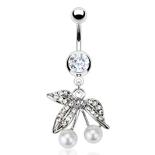 Piercing nombril cerises en perle et feuilles pav�es de pierres
