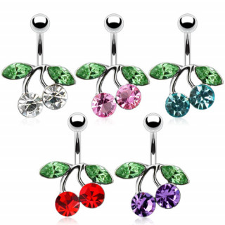 Piercing nombril cerises et feuilles serties