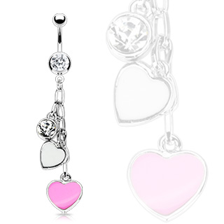 Piercing nombril chaines de coeurs rose et blanc