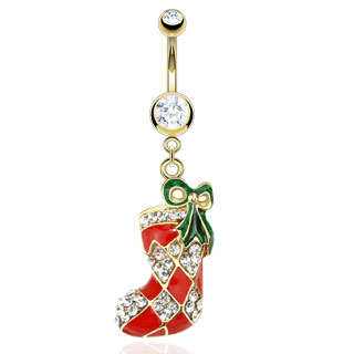 Piercing nombril chaussette de Noel dore et rouge avec noeud