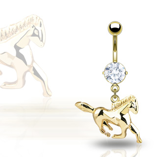 Piercing nombril cheval au galop plaqu� or serti