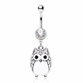 Piercing nombril chouette blanche à strass clairs