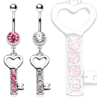 Piercing nombril clef de coeur strass