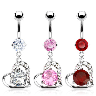 Piercing nombril coeur ajour� avec pierre ronde au centre