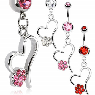 Piercing nombril coeur ajoure avec fleur pave de pierres