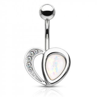 Piercing nombril coeur arc de strass et opale blanche