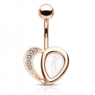 Piercing nombril coeur arc de strass et opale blanche - Cuivr