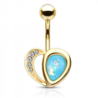 Piercing nombril coeur arc de strass et opale bleue - Dor