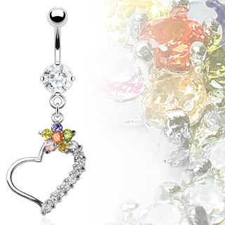 Piercing nombril coeur avec fleur multicolore