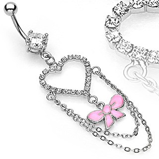 Piercing nombril coeur chaines et noeud rose
