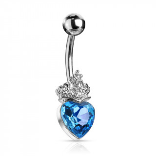 Piercing nombril coeur cristal couronné - Bleu aqua