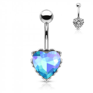 Piercing nombril à coeur cristal et filigrane arrière - Aqua