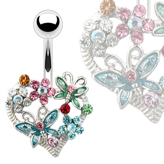 Piercing nombril coeur de fleurs et papillons