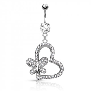 Piercing nombril coeur et papillon pavs de strass