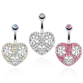 Piercing nombril coeur pav de pierre avec trio de fleurs