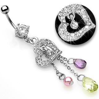 Piercing nombril coeur pav� et 3 chainettes