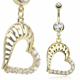 Piercing nombril coeur plaqu or rainur et pav de pierres