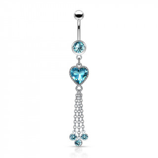 Piercing nombril coeur zirconium  chainettes et strass - Bleu aqua