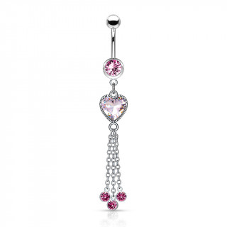 Piercing nombril coeur zirconium  chainettes et strass - Rose