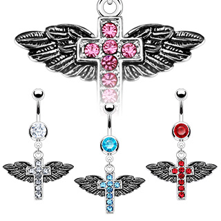 Piercing nombril croix aile pave de pierres