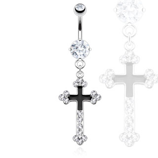 Piercing nombril croix bicolore pave de pierres claires