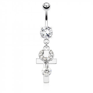 Piercing nombril  croix latine avec anneau de strass