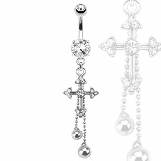 Piercing nombril à croix latine, chaines et perles