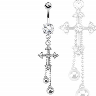 Piercing nombril  croix latine, chaines et perles