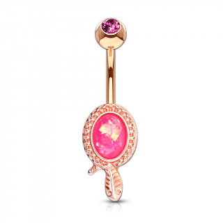 Piercing nombril cuivr  cadre avec feuille et opale rose