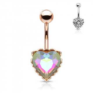 Piercing nombril cuivré à coeur cristal et filigrane arrière - Clair