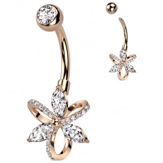 Piercing nombril cuivr fleur  ptales zirconiums et boucles paves