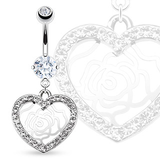 Piercing nombril dentelle de rose et coeur serti